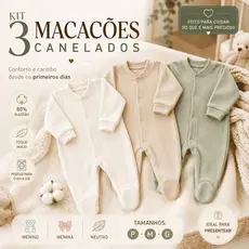 Kit 3 Macacões Bebê Suedine Canelado Manga Longa Com Pé 80% Algodão P M G