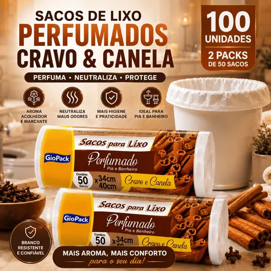 Saco de lixo perfumado Pia e Banheiro 10 litros Cravo e canela 34x40 - 100 unidades