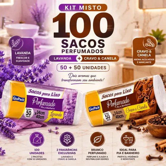 Kit 100 Sacos De Lixo Perfumados 34x40 Lavanda + Cravo E Canela Pia Banheiro Branco Cheiroso