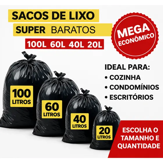 Saco de Lixo 100L - 60L - 40L - 20 Litros resistente Preto Cozinha Banheiro