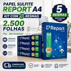 Kit 5 Resmas Papel Sulfite A4 Report 75g 2500 Folhas Branco Premium Para Impressora