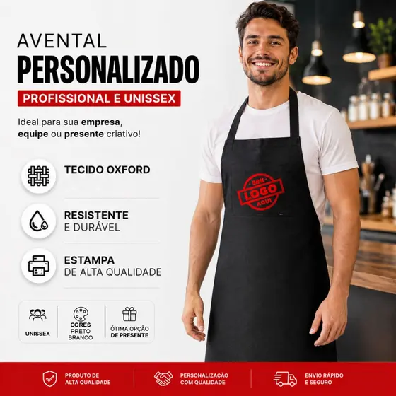 Avental Personalizado Oxford com Logo ou Foto | Uniforme Profissional | Cozinha | Barbearia | Cafeteria
