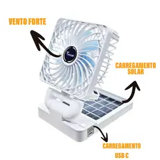 Ventilador Dobrável Vento Forte Carregamento Solar e USB Casa e Carro 3 Velocidades Adesivo Fixação