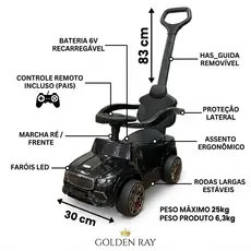 🏎️ Carrinho Elétrico Infantil Com Controle Remoto e Empurrador 6V C\ Haste Guia Triciclo ate 25kg