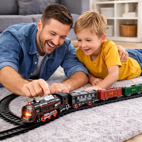 🚋Brinquedo Trenzinho Elétrico Pilha Locomotiva Acende Farol Trilhos E 5 Vagões Diversão