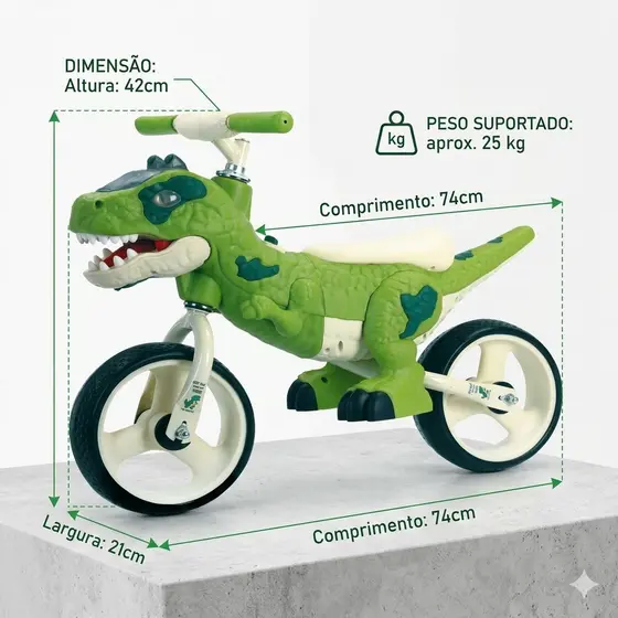 🦖Bicicleta Infantil Aro 12 Dinossauro Verde Bicicleta Passeio Criança ate 25kg Equilíbrio Som Luzes