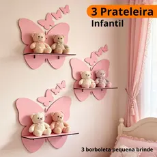 Kit 3 Prateleiras Rosa Modelo Borboleta Infantil Decoração Quarto e Sala