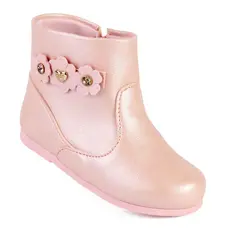 Bota Infantil Menina Klin Miss Rosa Perolada com Flores e Zíper Lateral