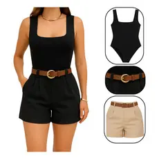 Conjunto Feminino Short Alfaiataria Com Cinto Body Decote