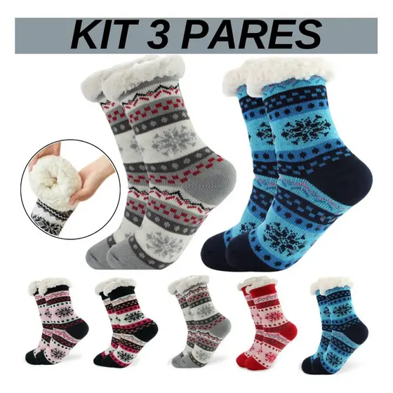 Kit 3 Pares Meia Térmica Forrada Lã Adulto Antiderrapante