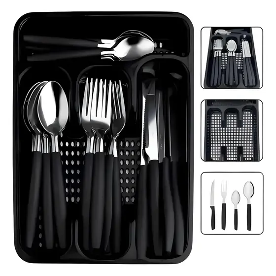 Jogo de Faqueiro Talheres 25 18 17 6 Peças com Porta Talher Gaveta Escorredor Colher Garfo Faca Inox
