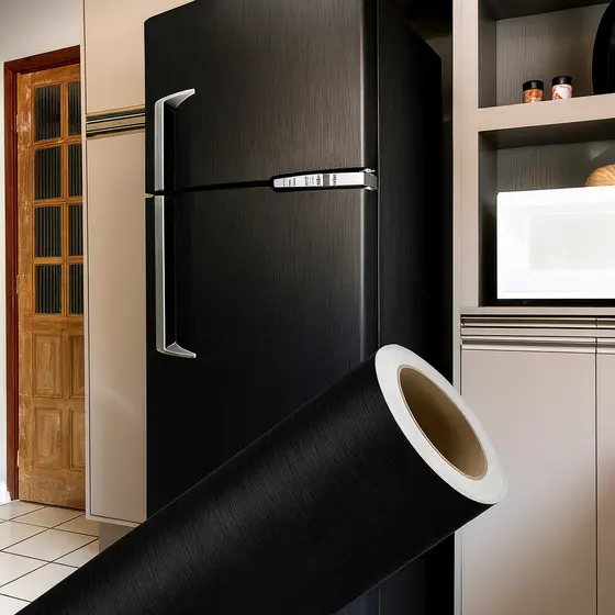 Vinil Adesivo Aço Escovado Preto Impermeável para Envelopar Geladeira e Móveis