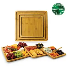 Kit 3 Bandejas Tábua Petisqueira MDF Jodo de Servir Frios, Queijos e Porções Quadrada ou Retangular