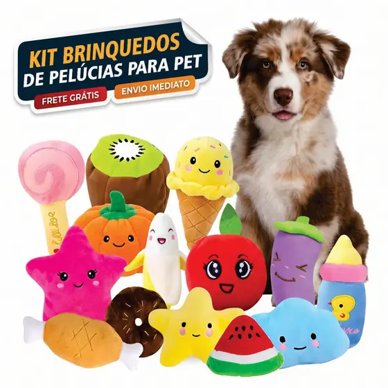 Kit Brinquedos Pelúcia para Cachorro e Gato com Apito Mordedor Macio Resistente Antiestresse Pet