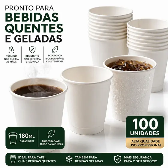 Copo Papel 180ml Descartável Biodegradável Branco 100un Bebida Quentes Resistente Térmico Ecológico