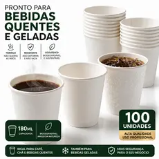 Copo Papel 180ml Descartável Biodegradável Branco 100un Bebida Quentes Resistente Térmico Ecológico