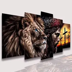 Conjunto Quadro Decorativo Mosaico Jesus Cristo Leão de Juda Conjunto Kit para Parede Sala e Quarto