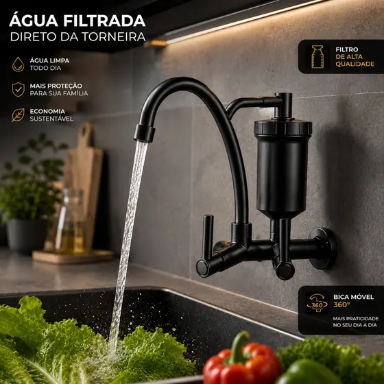 Torneira Filtro Luxo Parede Preto Completa Com Filtro e Refil Pró Saúde