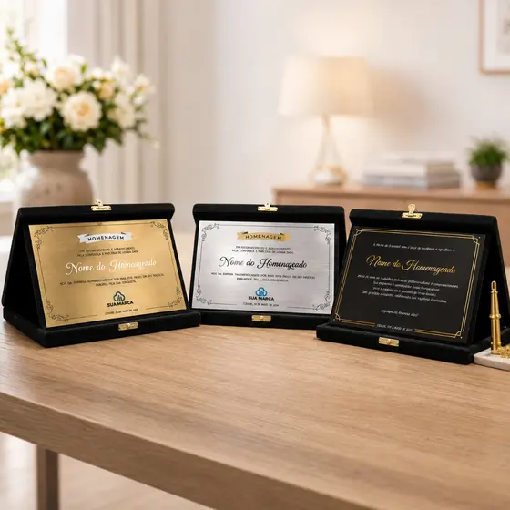 Placa de homenagem personalizada com caixa 20x16cm de veludo preto. Placa Prata ou Dourado