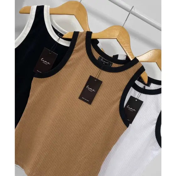 Regata Feminina Blusa Bicolor Canelada Premium Básica Justa Academia Fitness Casual Verão Coreana Retrô Estilosa Linda