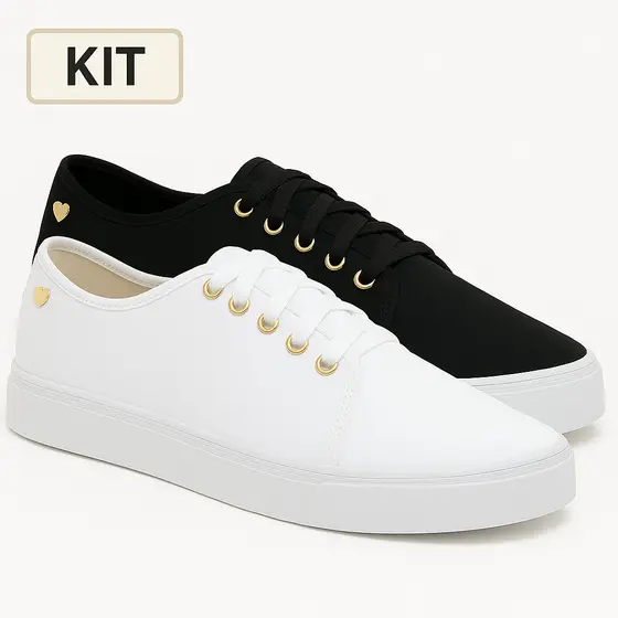 Tênis Feminino Branco Preto Casual Confortável Pingente De Coração Slip On