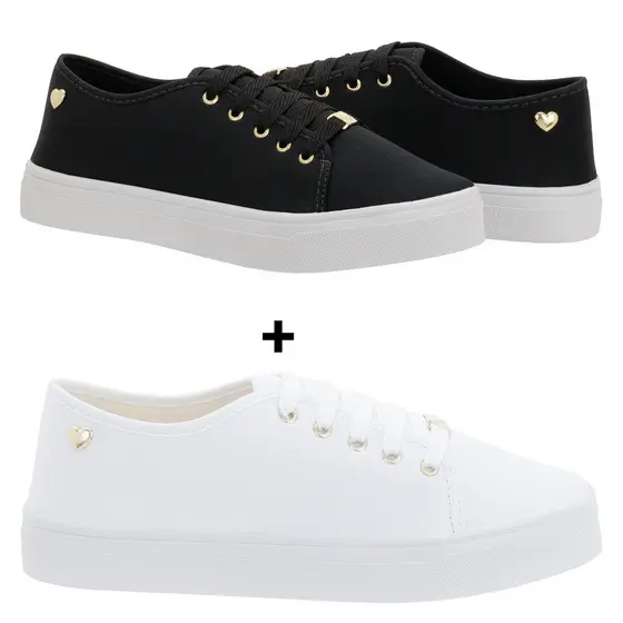 Kit 2 Tênis Feminino Branco Preto Ping Coração Casual Confortável