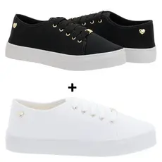 Kit 2 Tênis Feminino  Branco Preto Ping Coração Casual Confortável