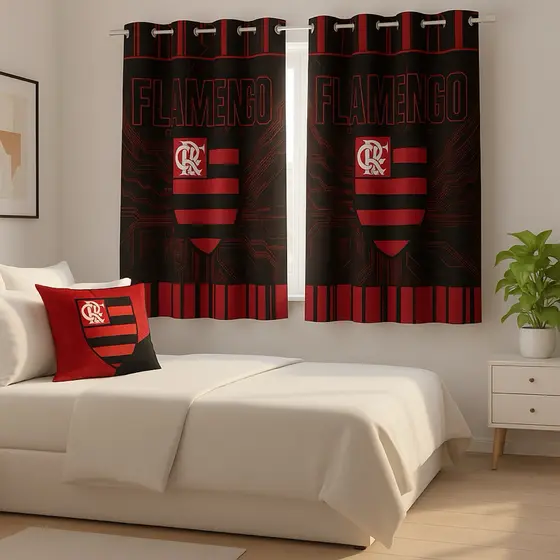 kit Flamengo Personalizado Cortina + Fronha Travesseiro