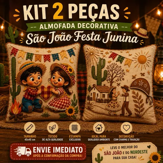 Kit 02 Capas de Almofada festa junina casal Nordeste 45x45 para Decoração Moderna