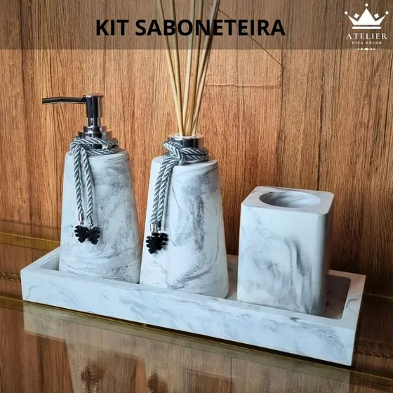 Saboneteira Pia Banheiro Lavabo Kit 4 peças Sabonete Líquido Difusor Aromatizador Ambiente Porta Escova Dente Bandeja