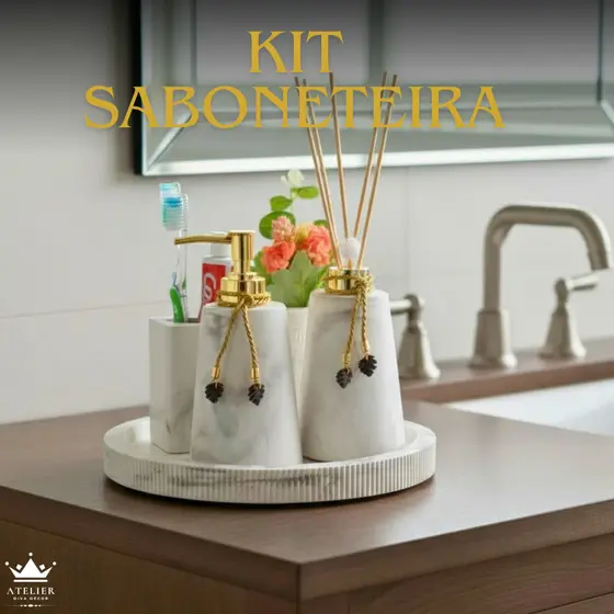 Saboneteira Lavabo Banheiro Kit 5 peças Sabonete Líquido Difusor Aromatizador Ambiente Porta Escova Bandeja vaso de flor