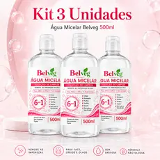 Kit Água Micelar BelVeg 500ml Limpeza Facial Suave Remove Impurezas e Maquiagem