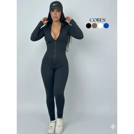 Macacão Feminino Longo Com Ziper Moda Gringa Balada Virginia Blogueira Suplex Gringo Fitnes Academia