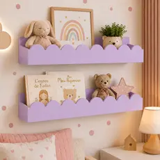Kit 2 Prateleiras Decorativas Infantil MDF Quarto Bebê Montessori Nuvem Rosa Lilás Branco