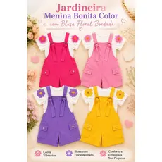 Jardineira Conjunto Infantil Menina Jeans Rosa Pink Lilás Short C/Blusa Flor Bordada Luxo Fashion Moda Blogueirinha