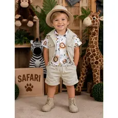 Conjunto Menino Safari 3 Peças Fazendinha Selva Infantil Blogueirinho Colete com Bermuda Brim e Camisa Luxo Estiloso