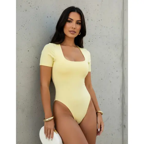 Body Collant Manga Curta Decote Quadrado Feminino Suplex Premium Elegante Casual Gringa Blogueira