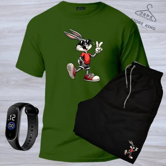 KIT conjunto praia social camiseta 100% algodão 30.1 macia bermuda tectel leve relogio digital pernalonga oculos