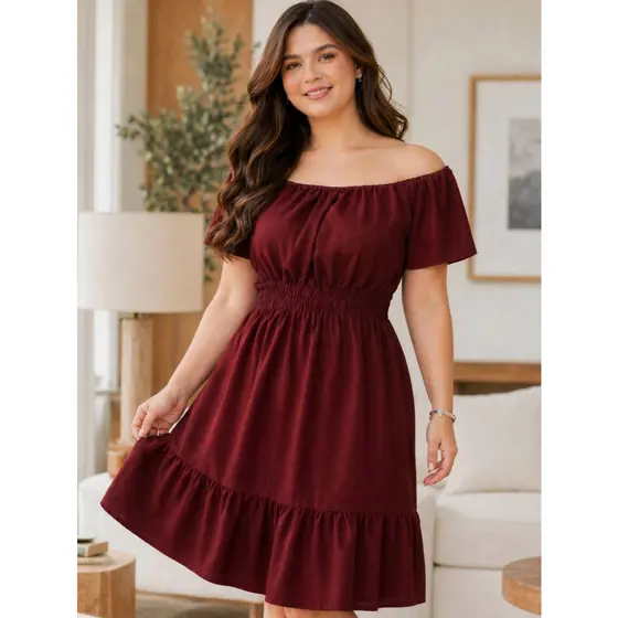 Vestido Plus Size Evangélica Midi Ombro a Ombro Com Lastex
