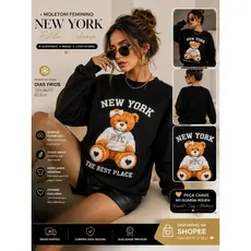 BLUSA FRIO MOLETOM FEMININO URSO TEDDY TENDENCIA MODA BLOGUEIRA NEW YORK