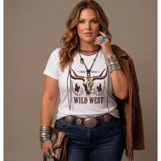 Camiseta Country Feminina Plus Size Wild West Western Rodeio Couro Look Blogueira Sertanejo Tamanho Grande
