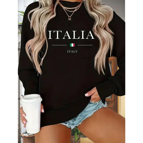 Moletom Feminino Plus Size Gola Careca Preto - "Italia Italy" Ref 1039-PT !