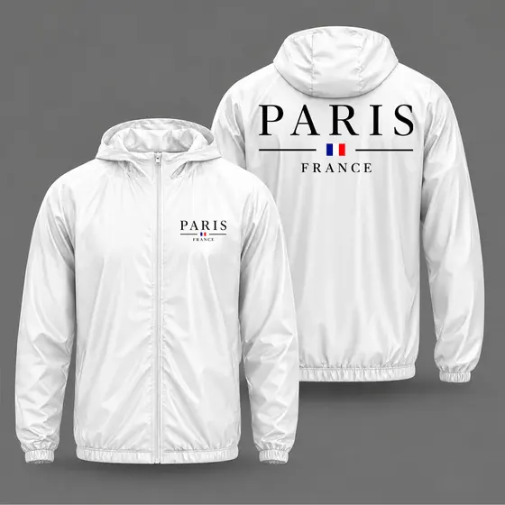 Jaqueta corta vento tactel leve fitness slim com bolso e capuz paris minimalista france arte