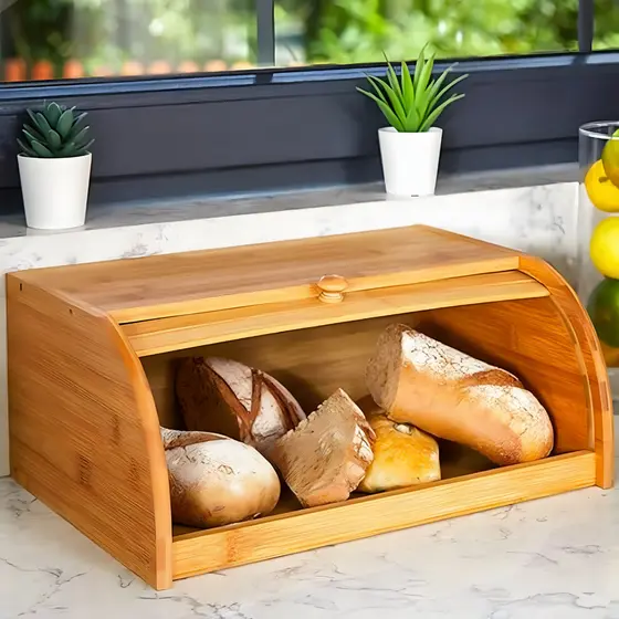 Porta Pães Com Tampa Retrátil Em Bambu Armazenamento De Pães