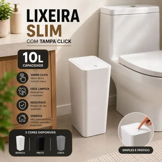 Lixeira Cesto de Lixo 10 Litros Tampa Click Banheiro Cozinha