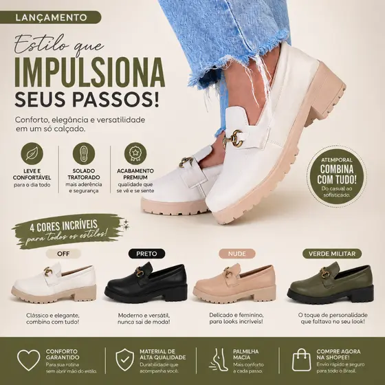 Sapato feminino mocassim com detalhe dourada peça abs sola baixa confortável