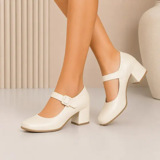 Sapato Feminino Sandália Casual Moderna Fechado de Saltinho Casual Baixo OffWhite