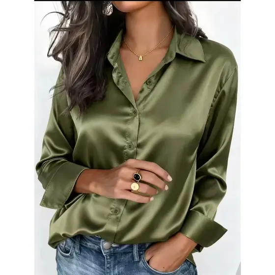 2026 Lançamente Outono Camisa Feminina Cetim com Mangas Longa Botão Acima Camisa Roupas Femininas