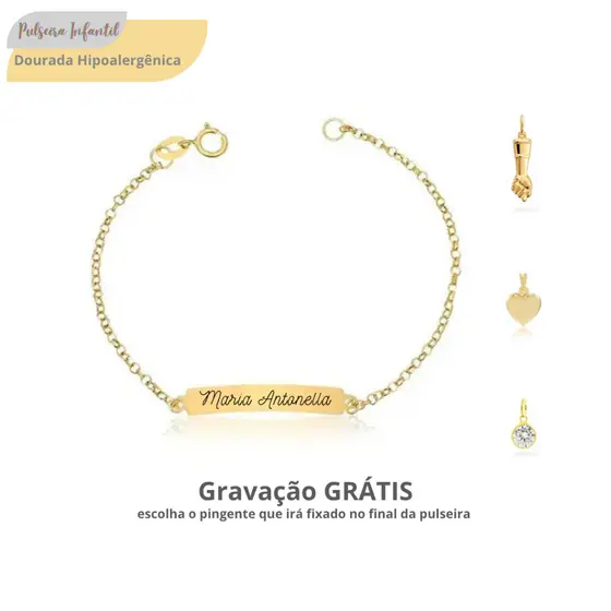 Pulseira Dourada Infantil Bebê Com Nome Gravado Hipoalergênica