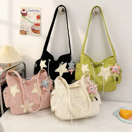 Bolsa Tote Grande Com PadrãO De Estrela Simples, Bolsa De Ombro Com CordãO De Veludo, Sacola Fofa De Lona